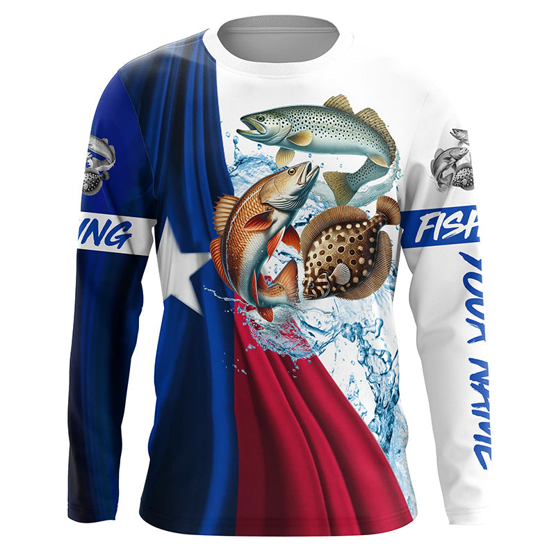 Texas slam flag patriotic redfish, trout, flounder fishing Custom Name 3D UV Protection Fishing Shirts NQS5172