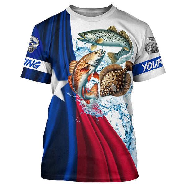 Texas slam flag patriotic redfish, trout, flounder fishing Custom Name 3D UV Protection Fishing Shirts NQS5172