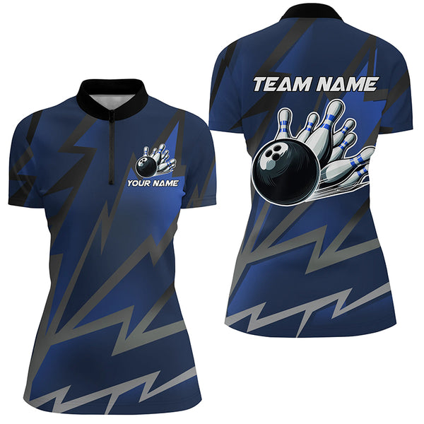 Blue Lightning Thunder Storm Team bowling shirts for women custom bowling Polo, Quarter zip jerseys NQS9139