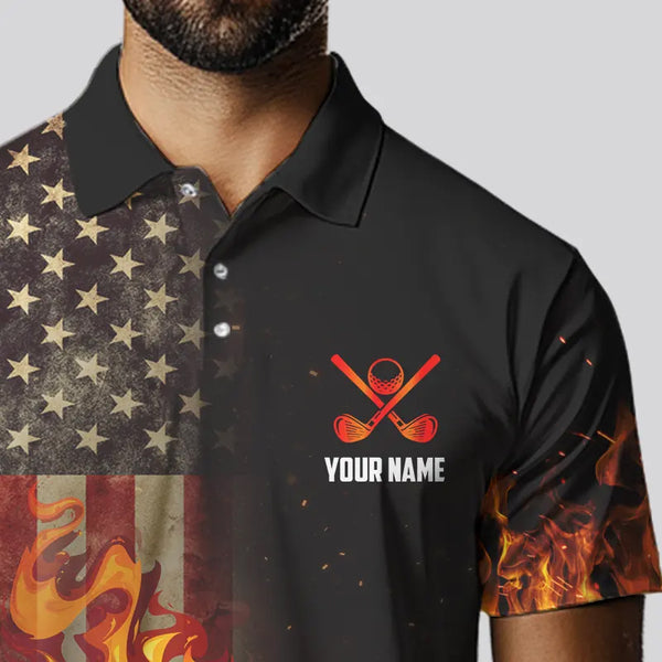 Flame Golf ball vintage American Flag Golf polo shirts for men Custom patriotic mens golf attire NQS9650
