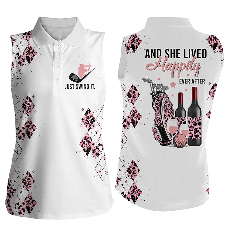 Pink leopard white Womens sleeveless polo shirt golf wine just swing it & she lived happily ever after NQS6324