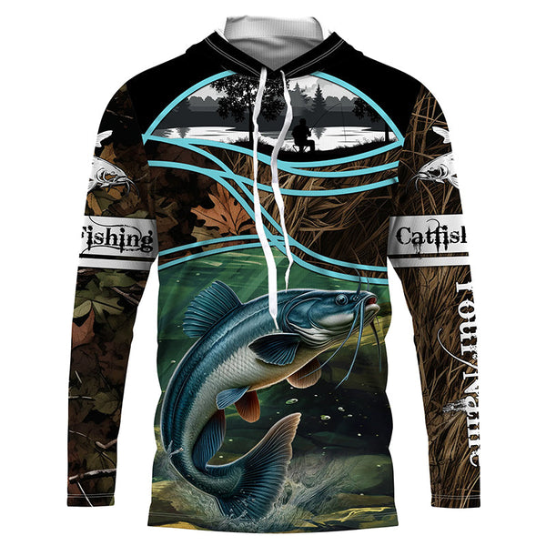 Giant catfish fishing team camo custom name UV protection fishing shirts NQSD85