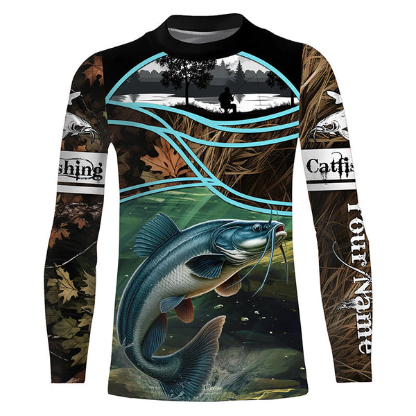 Giant catfish fishing team camo custom name UV protection fishing shirts NQSD85