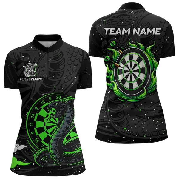 Black and Green Cobra Snake Darts Polo, Quarter Zip Shirts For Women Custom Name Darts Team Jerseys NQS9656