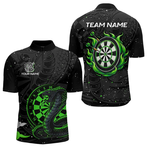 Black and Green Cobra Snake Darts Polo, Quarter Zip Shirts For Men Custom Name Darts Team Jerseys NQS9656