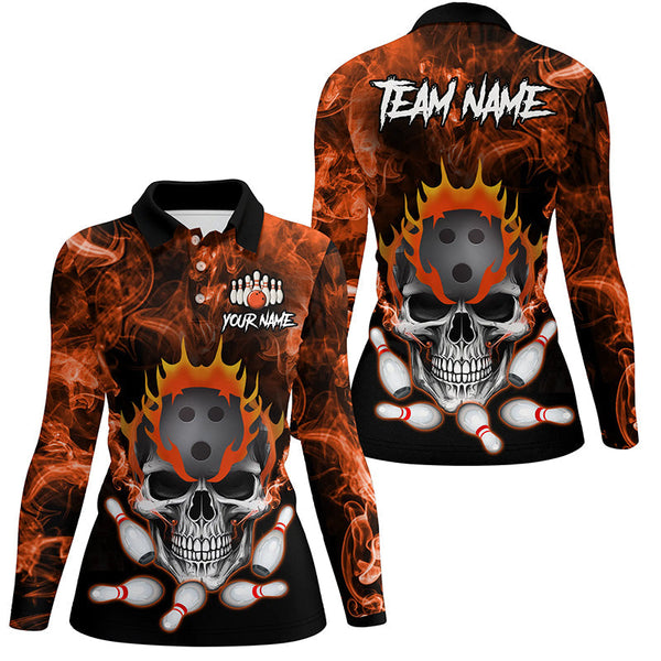 Orange smoke Skull bowling Polo, Quarter Zip shirt for Women Custom Team bowling League jerseys NQS8210