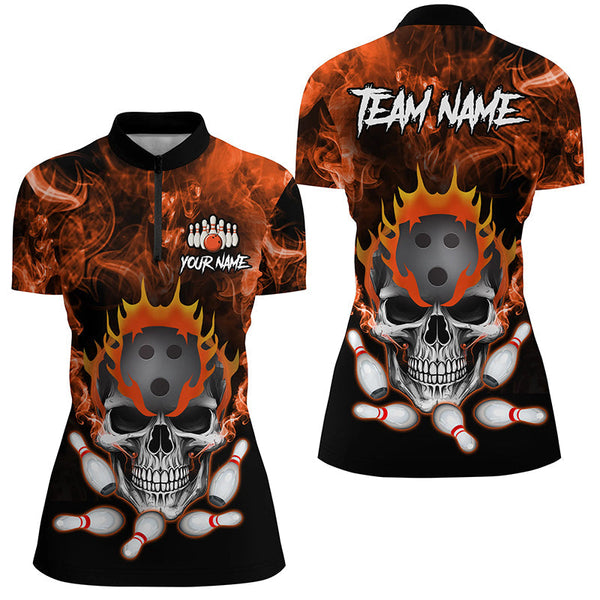 Orange smoke Skull bowling Polo, Quarter Zip shirt for Women Custom Team bowling League jerseys NQS8210