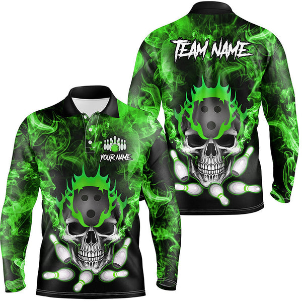 Green smoke Skull bowling Polo, Quarter Zip shirt for men Custom Team bowling League jerseys NQS8211