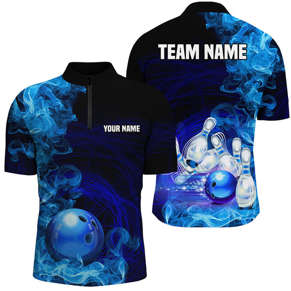 Blue Flame Fire Bowling Polo, Quarter Zip Shirt For Men Custom team bowling jerseys, Gift for Bowlers NQS8447