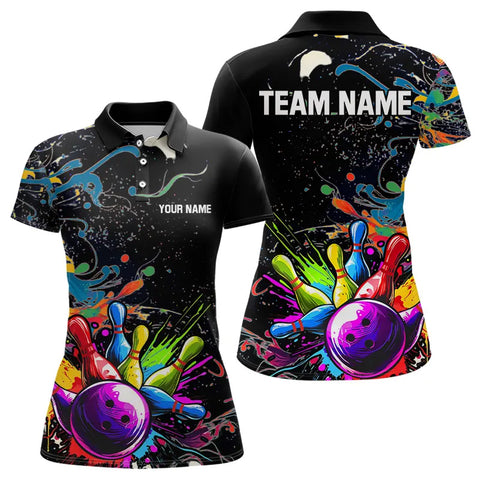 Colorful Splash Bowling Polo, Quarter Zip Shirt for Women Custom Bowling Team shirts for bowlers NQS9146