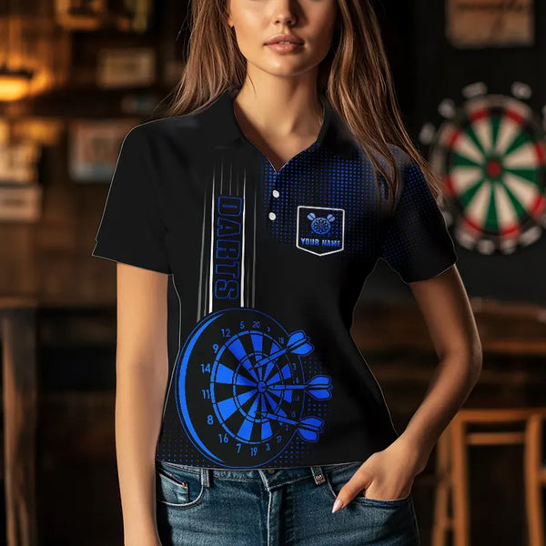Personalized Black and Blue Darts Polo, Quarter Zip Shirt For Women Custom Dart Outfit Team Jerseys NQS9498