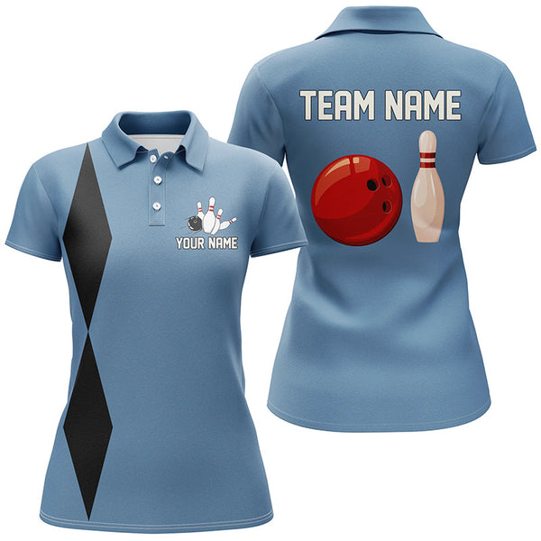 Personalized Retro Bowling Polo, Quarter Zip Shirts For Women custom vintage bowling team jersey| Blue NQS7803