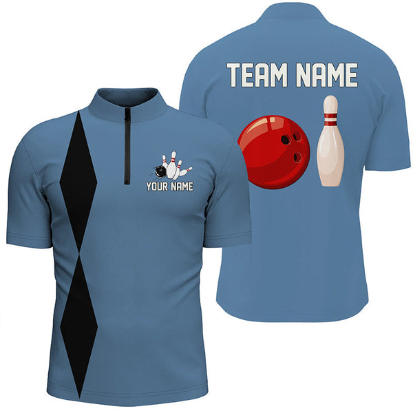 Personalized Retro Bowling Polo, Quarter Zip Shirts For Men custom vintage bowling team jerseys | Blue NQS7803