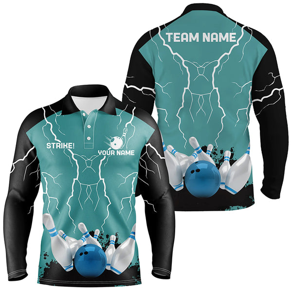 Mens polo bowling shirt Custom bowling strike lightning storm thunder team league jersey | Turquoise NQS6342