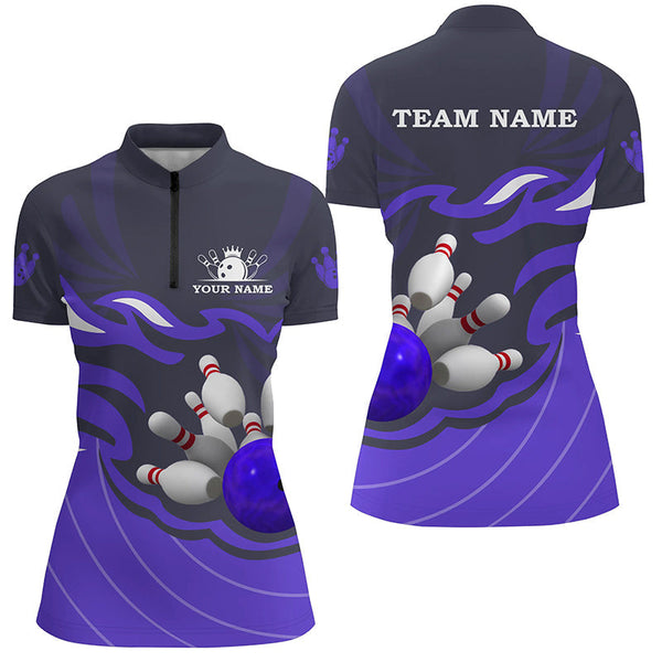 Women polo, quarter zip bowling shirts Custom bowling ball and pins team league jerseys | Purple NQS7808