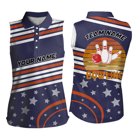 Red, White and Blue Stars Retro Bowling Sleeveless Polo Shirt Custom Bowling Team Jersey NQS9163