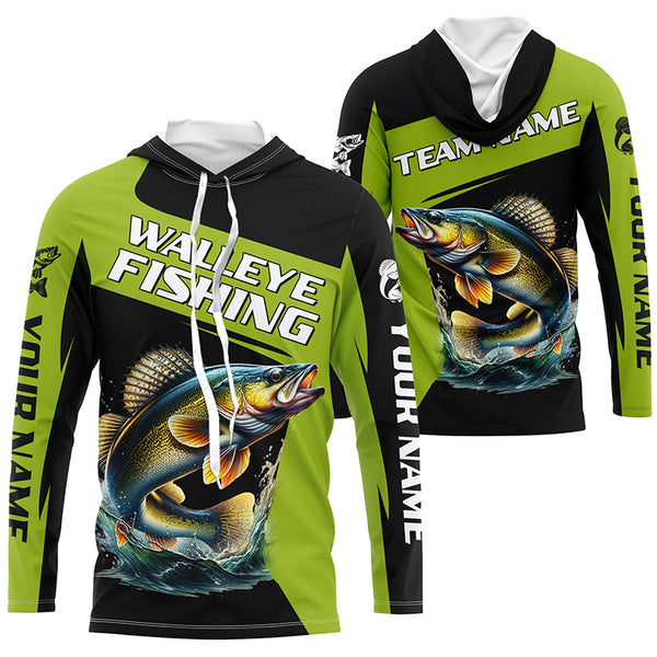 Black Green Walleye fishing Custom Long Sleeve Tournament Fishing Shirts, Performance Fishing Jerseys NQS7458