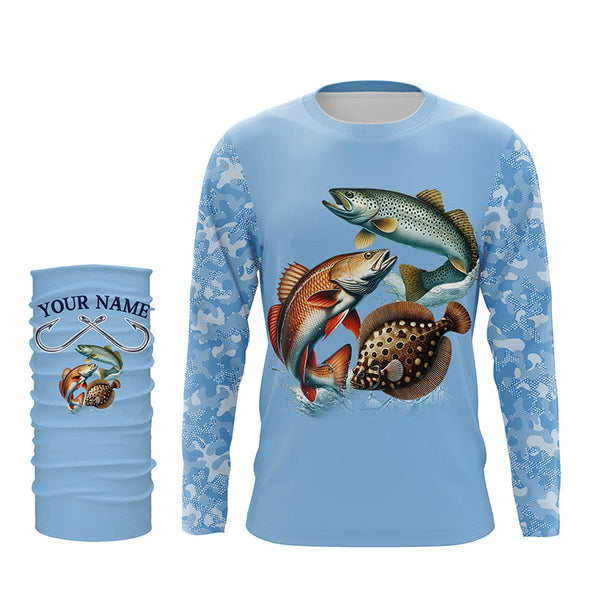 Texas slam redfish, speckled trout, flounder Texas fishing blue camo Custom performance fishing shirt NQS2621