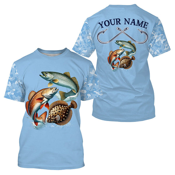 Texas slam redfish, speckled trout, flounder Texas fishing blue camo Custom performance fishing shirt NQS2621