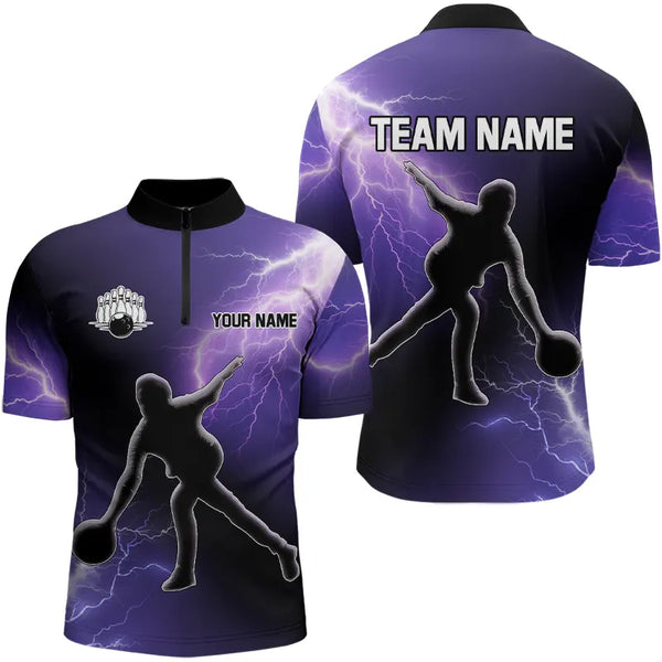 Purple Lightning Thunder Bowling Shirts for Men Custom Team Bowling Polo, Quarter Zip Jerseys NQS9170