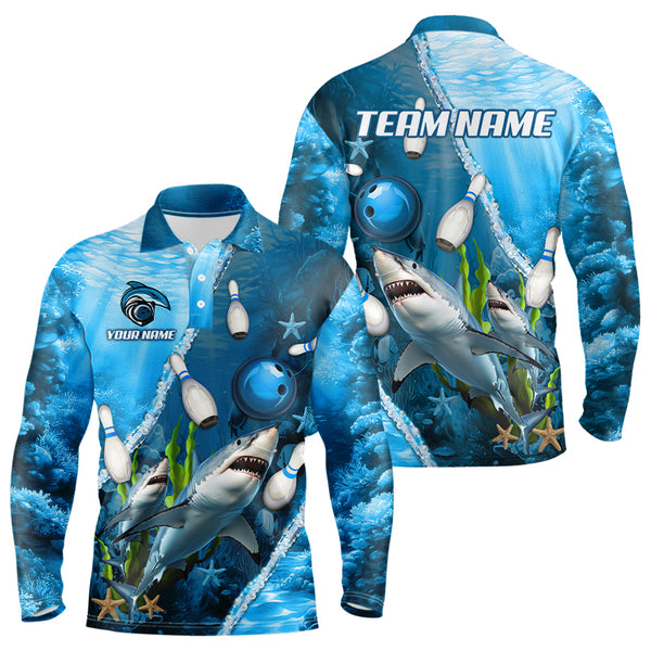 Blue Shark Bowling Polo, Quarter Zip Shirts for Men Custom Team Shark Bowling Jerseys NQS9173