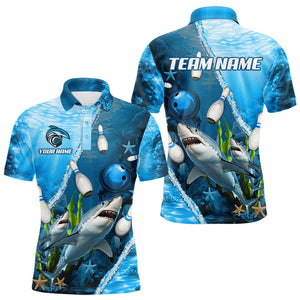 Blue Shark Bowling Polo, Quarter Zip Shirts for Men Custom Team Shark Bowling Jerseys NQS9173