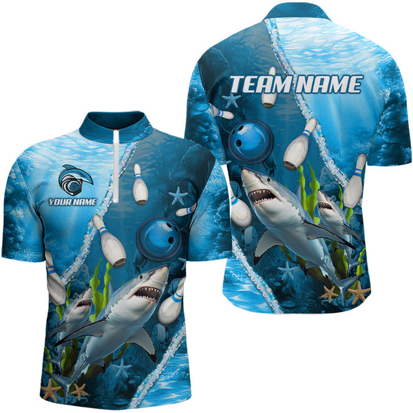 Blue Shark Bowling Polo, Quarter Zip Shirts for Men Custom Team Shark Bowling Jerseys NQS9173