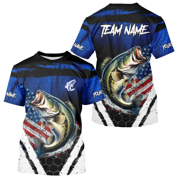 Largemouth Bass fishing American Flag Custom patriotic long sleeve team Bass fishing shirts | Blue NQS9529
