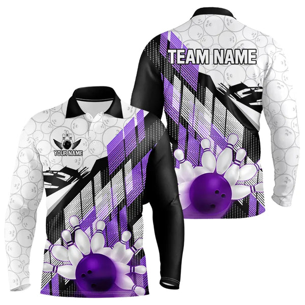 Purple Camo Bowling Polo, 1/4 Zip Shirt for Men Custom Team bowling jerseys, personalized bowling gift NQS9176