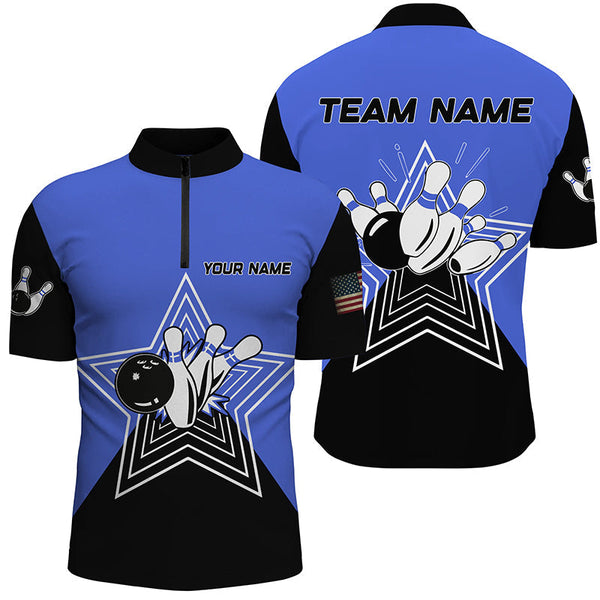 Blue and Black retro bowling ball pins star custom Men's bowling Polo, Quarter Zip shirts team jerseys NQS7830