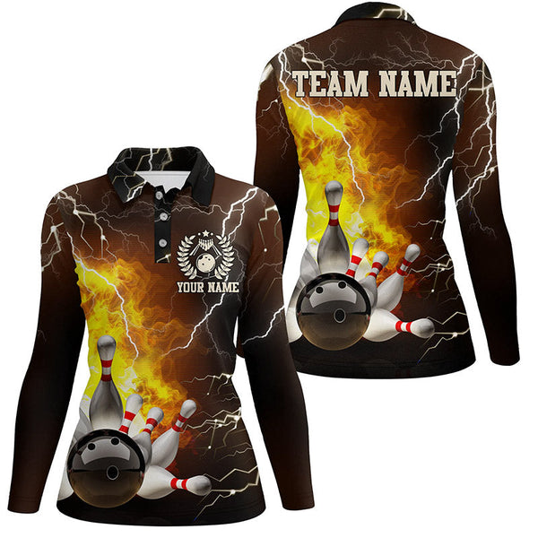 Women bowling polo shirts Custom flame lightning thunder Bowling Team Jersey, Bowling League Shirt NQS6150