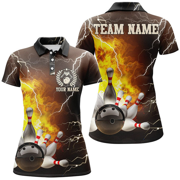 Women bowling polo shirts Custom flame lightning thunder Bowling Team Jersey, Bowling League Shirt NQS6150