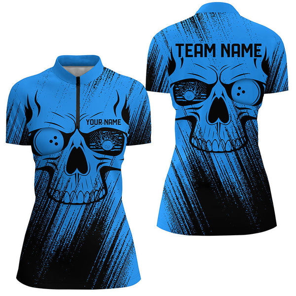Blue Grunge Skull Bowling Polo, Quarter Zip Shirt Shirts For Women Custom Bowling Team League Jerseys NQS8478