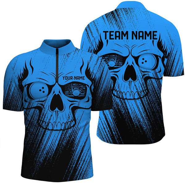 Blue Grunge Skull Bowling Polo, Quarter Zip Shirt Shirts For Men Custom Bowling Team League Jerseys NQS8478