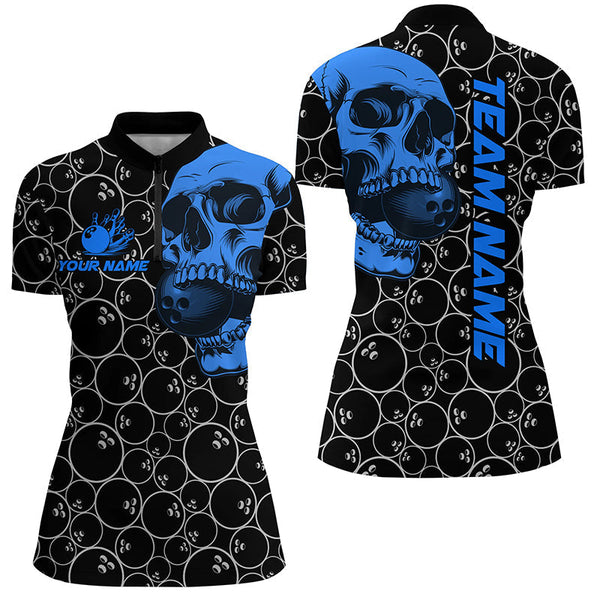 Black Bowling camo blue Skull bowling shirts for women custom bowling team jerseys, gifts for bowlers NQS8725
