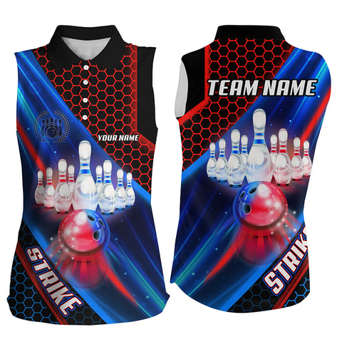 Blue and Red Light Strike Bowling Ball pins Bowling Sleeveless Polo shirts custom Team bowling jerseys NQS8733