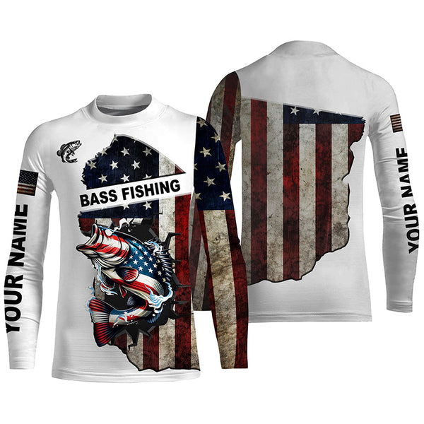 American flag largemouth Bass patriotic fishing UV long sleeve shirts Custom fishing apparel NQS1178