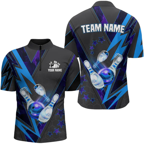 Black and Blue Lightning Bowling Polo, Quarter Zip Shirt for Men Custom Team Bowling Jerseys NQS9189