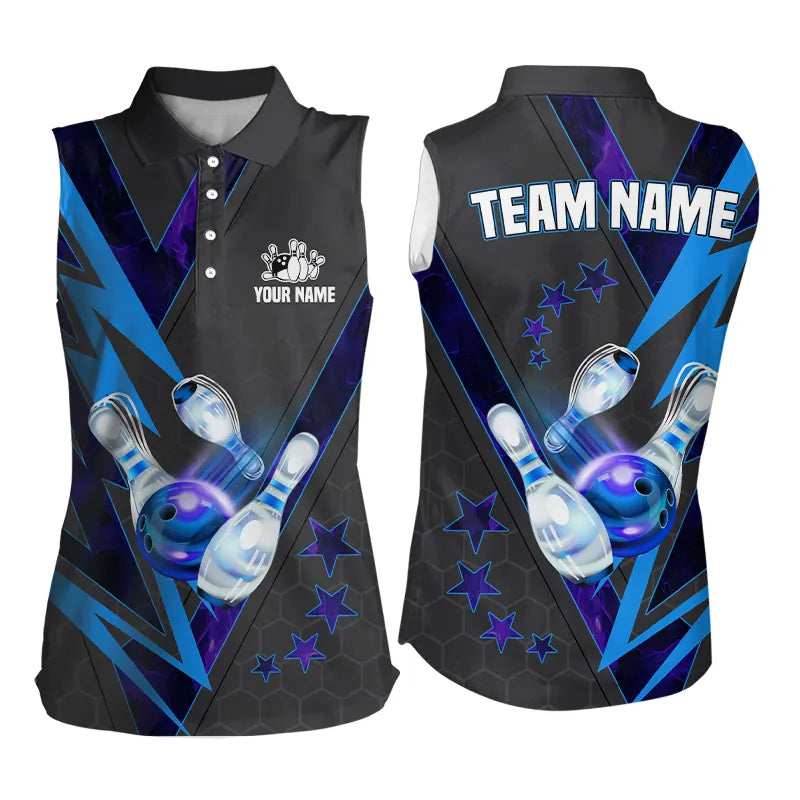 Black and Blue Lightning Bowling Sleeveless Polo Shirt for Women Custom Team Bowling Jerseys NQS9189