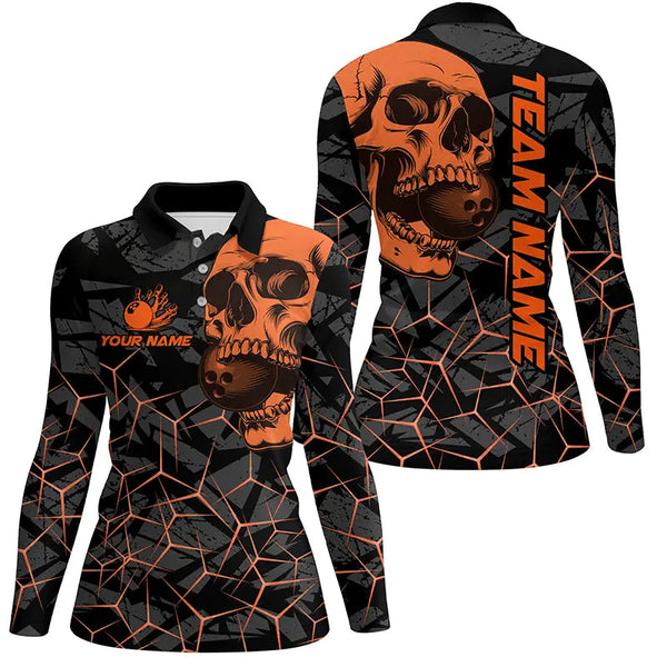 Black Skull camo bowling shirt for women custom bowling team jerseys, gifts for bowlers | Orange NQS8276