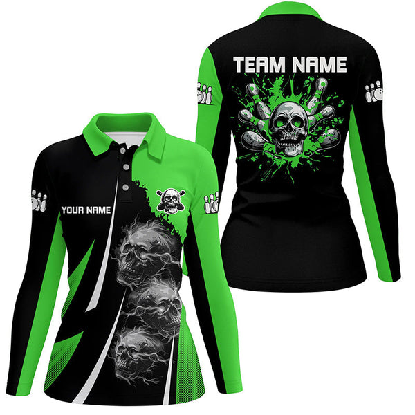 Green and Black Women bowling polo, quarter zip shirts Custom Skull bowling ball and pins Team Jerseys NQS7641