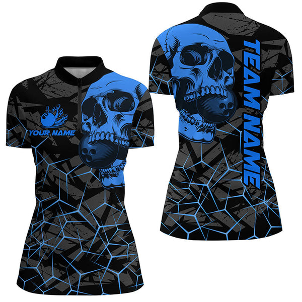Black Skull camo bowling shirt for women custom bowling team jerseys, gifts for bowlers | Blue NQS8073