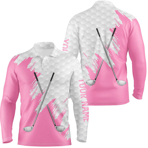 White golf ball pattern custom name golf clubs Mens golf polo shirts, team golf tops for men | Pink NQS8495