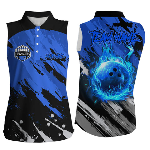 Black and Blue Flame camo bowling Sleeveless Polo shirt Custom Flame Bowling Shirt Team Bowling Jersey NQS8970