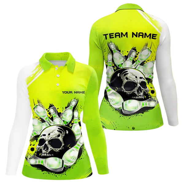 Green Skull Bowling Ball and Pins Bowling Polo, Quarter Zip Shirt for Women Custom Team Bowling Jersey NQS9211