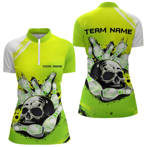 Green Skull Bowling Ball and Pins Bowling Polo, Quarter Zip Shirt for Women Custom Team Bowling Jersey NQS9211