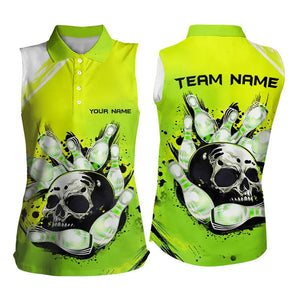 Green Skull Bowling Ball and Pins Bowling Sleeveless Polo Shirt for Women Custom Team Bowling Jersey NQS9211