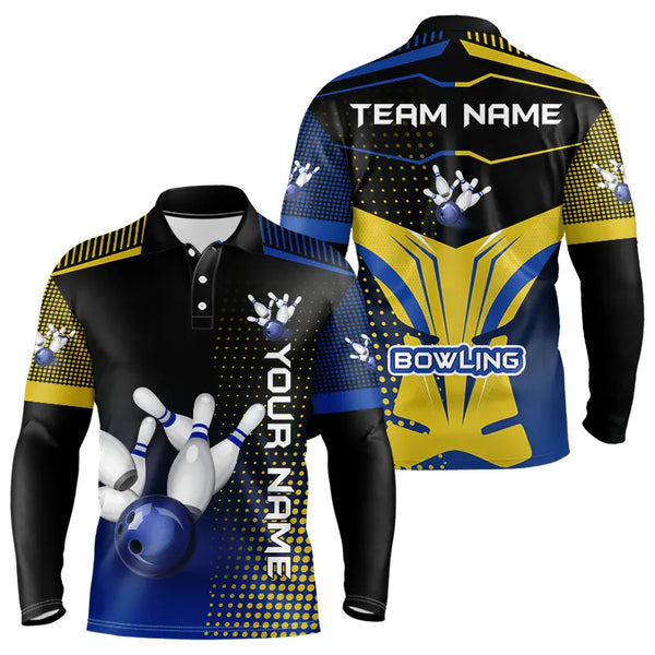 Yellow & Blue pattern Bowling Polo, 1/4 Zip shirt For Men Custom Team Bowling Jersey, Gift For Bowler NQS9212