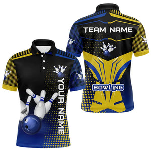 Yellow & Blue pattern Bowling Polo, 1/4 Zip shirt For Men Custom Team Bowling Jersey, Gift For Bowler NQS9212