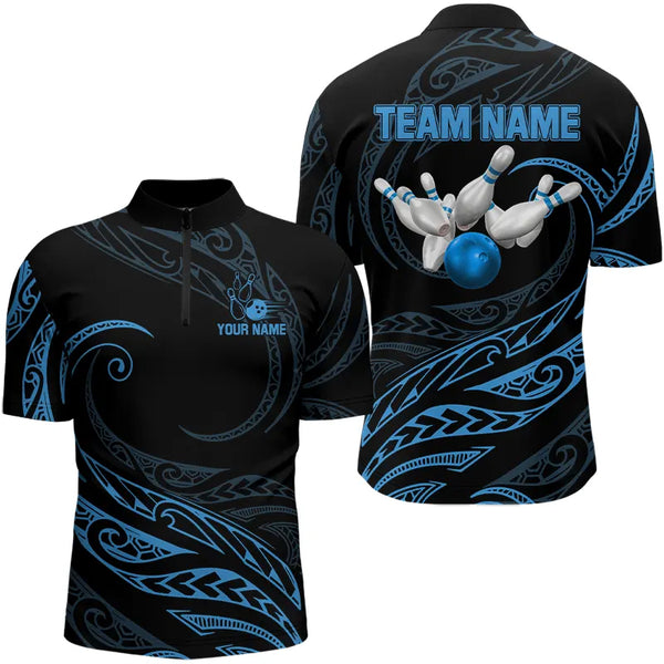 Black and Blue Tribal Pattern Bowling Polo, Quarter Zip shirts For Men Custom Team Bowling Jerseys NQS9213